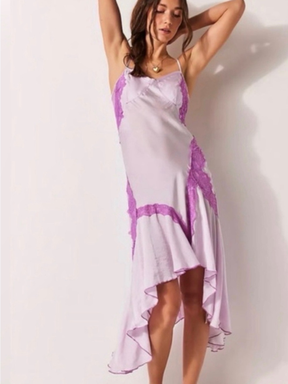 Free People Lavender Maxi Slip Dress with Magenta Lace Accents - Picture 3 of 3